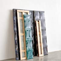 LP 201 X X 6 panels blue green multi black green orange 2019, wood, steel, canvas, fabric, carbon fiber, glass fiber, epoxy resin, lacquer, dim. Var.
