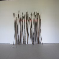 Sans titre, bâtons et irradiation de la couleur vers le mur, bois et couleur, longueur variable 