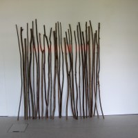 Sans titre, bâtons et couleur fluo Sans titre, bâtons et irradiation de la couleur vers le mur, bois et couleur, longueur variable 