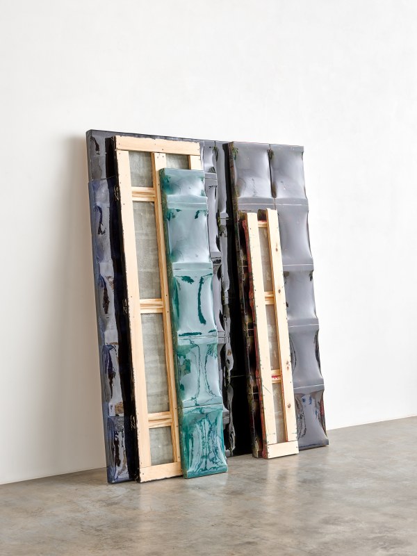 LP 201 X X 6 panels blue green multi black green orange 2019, wood, steel, canvas, fabric, carbon fiber, glass fiber, epoxy resin, lacquer, dim. Var.