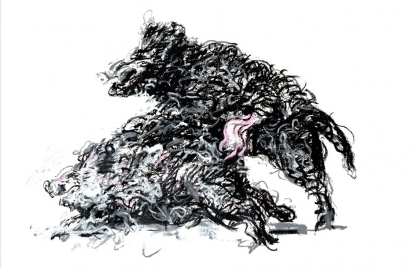 Les sangliers, huile sur papier, 110 x 77 cm