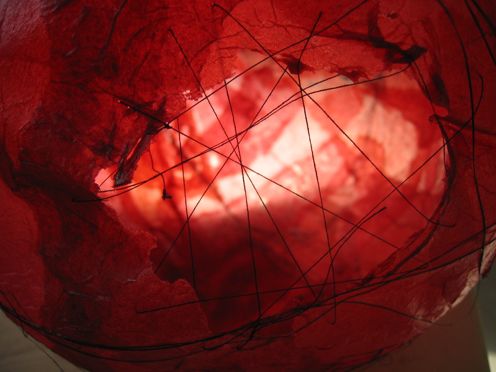 Détail installation oeufs rouges papier et fils 2006